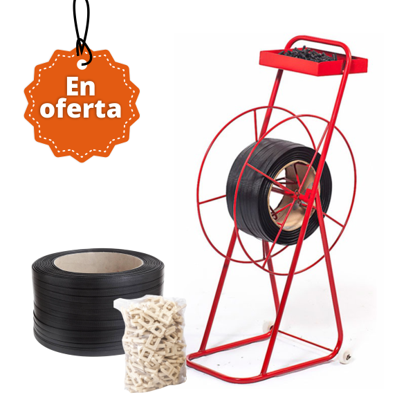 Combo carrito porta zuncho + zuncho plástico 1/2″ x 1400 mts calibre 8 + grapa nylon 1kg