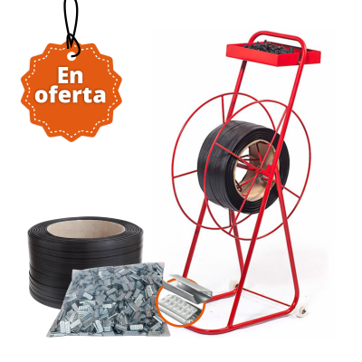 Combo carrito porta zuncho + zuncho plástico 1/2″ x 1400 mts calibre 5 + grapa metálica x 3kg