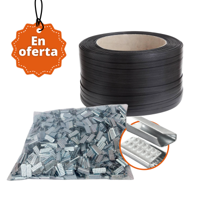 Combo zuncho plástico 1/2″ x 1400 mts calibre 8 + grapa metálica x 3kg