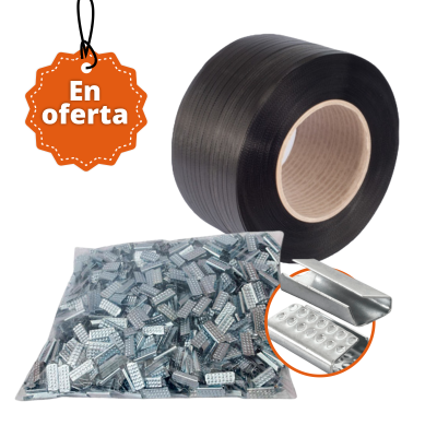 Combo zuncho plástico 1/2″ x 1400 mts calibre 5 + grapa metálica x 3kg
