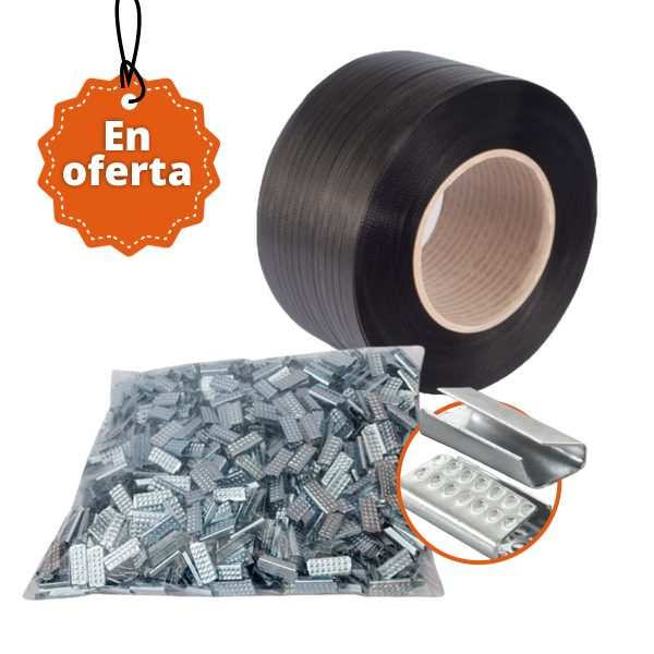 Combo zuncho plástico 1/2″ x 1400 mts calibre 5 + grapa metálica x 3kg