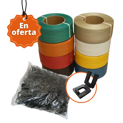Combo zuncho plástico 1/2″ x 500 mts calibre 5 + grapa pet x 1 kg